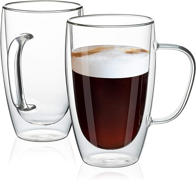 MEWAY 16oz/2 pack Coffee Mugs,Clear Glass Double Wall Cup with handle for Coffee, Tea, Latte, Cap... | Amazon (US)