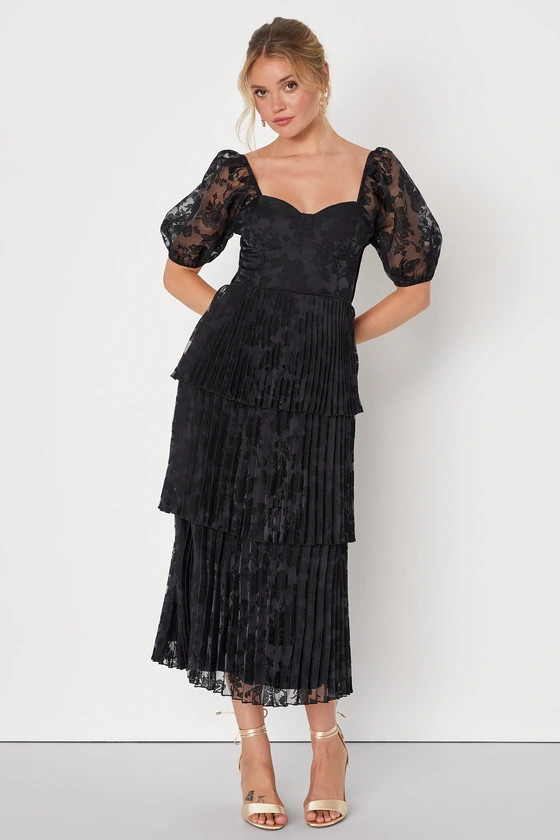 Posh Delight Black Floral Jacquard Pleated Midi Dress | Lulus (US)