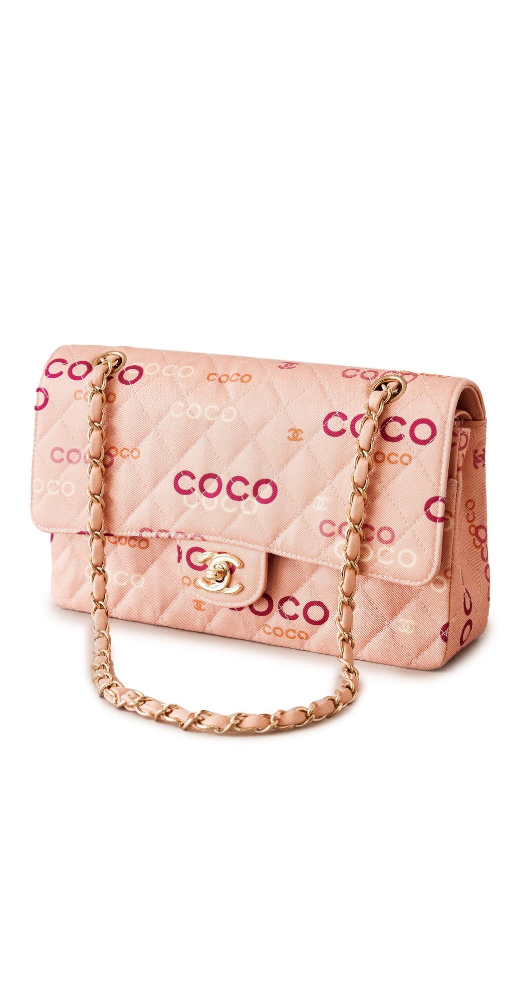 What Goes Around Comes Around Chanel Pink Canvas Coco Print Double Flap 10" Bag | Shopbop | Shopbop