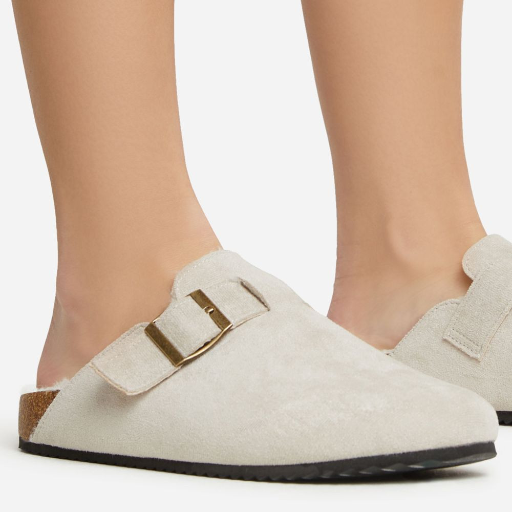 Snug-Soda Buckle Detail Faux Fur Lining Slip On Flat Mule In Grey Faux Suede | EGO (UK)