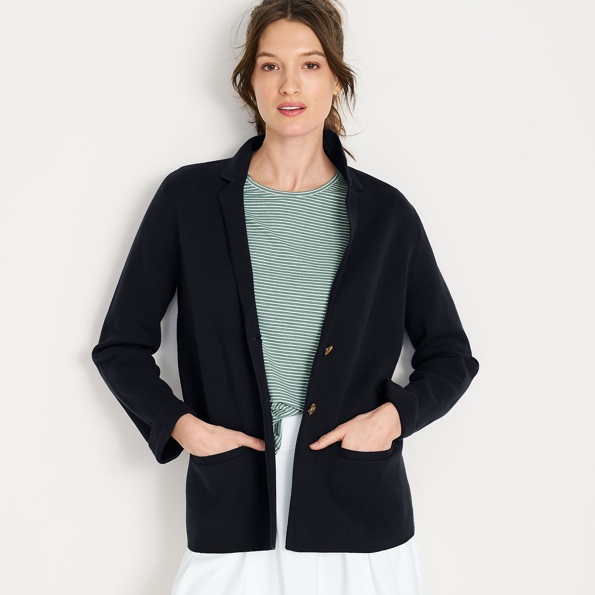 Women's Fine Gauge Cotton Button Front Blazer Sweater | Lands' End (US)