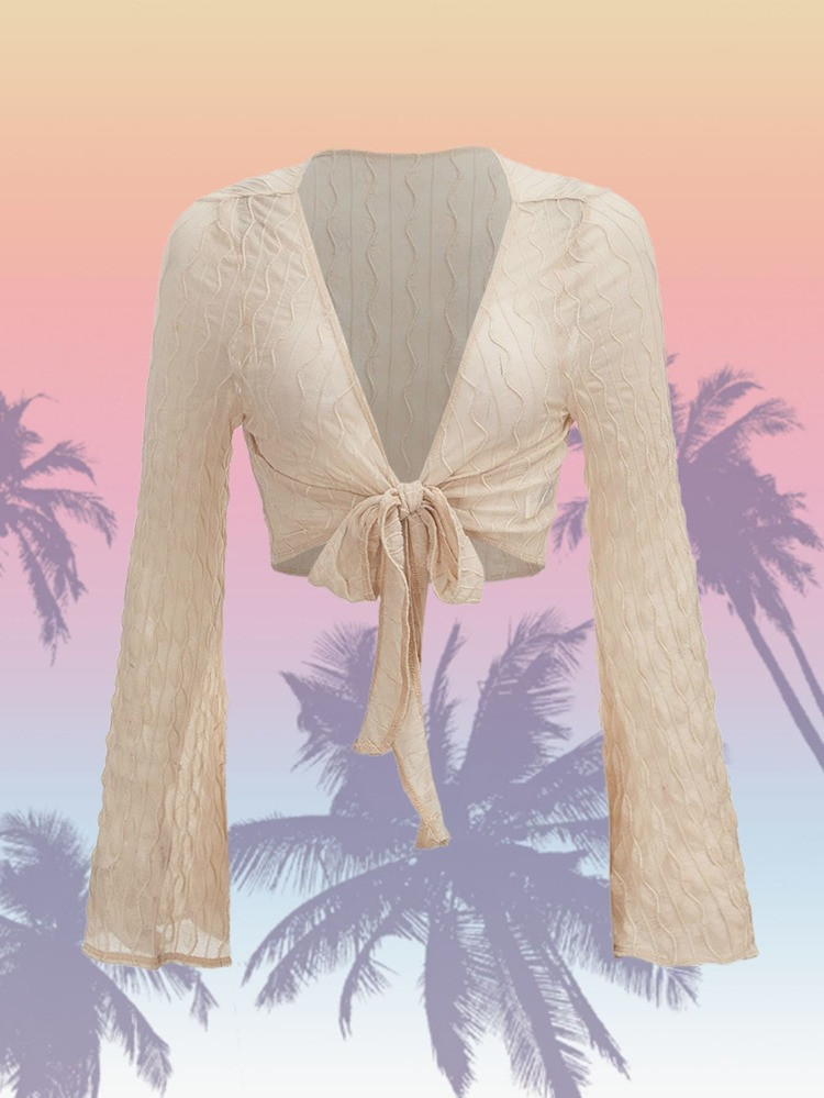 SHEIN Textured Tie Front Trumpet Sleeve Mesh Top | SHEIN