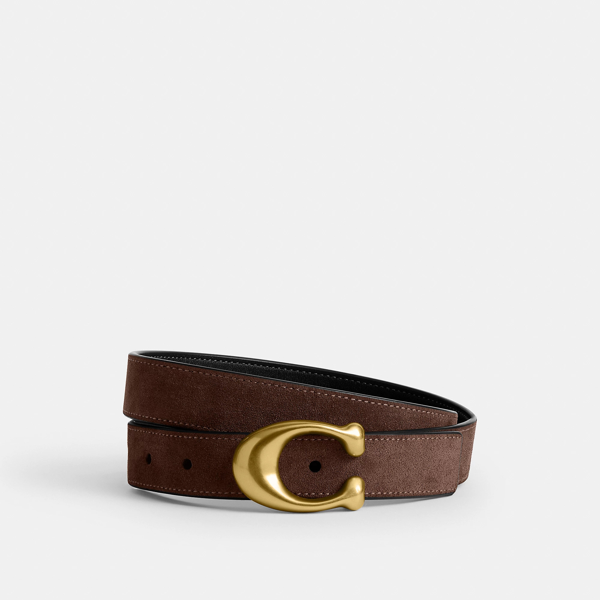 Coach Sculpted C Buckle Reversible Belt, 25MM - Women's Belts Size Medium - Brass/dark Chocolate Black | Coach (US)