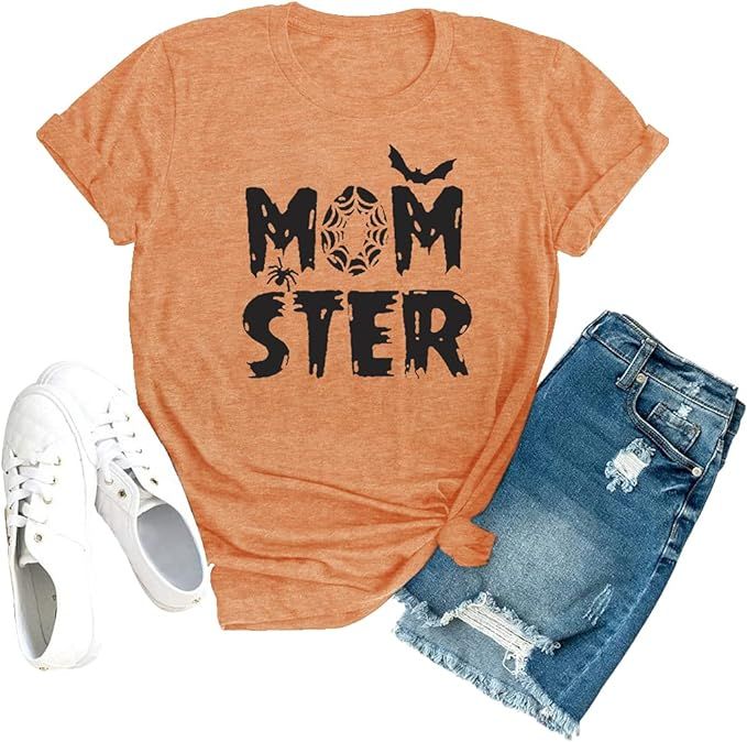 Momster T Shirt Women Funny Halloween Spider Bat Graphic Tee Casual Mom Ster Letter Print Hocus P... | Amazon (US)