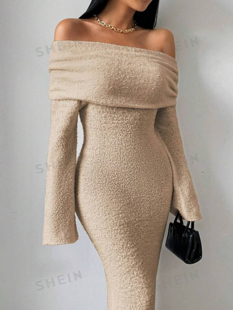 SHEIN Raffinéa 1pc Textured Off-Shoulder White Flared-Cuff Fitted Sheath Knit Sweater Dress For ... | SHEIN