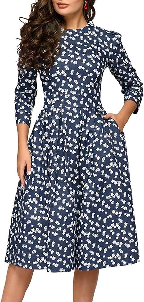 Women's Floral Vintage Dress Elegant Midi Evening Dress 3/4 Sleeves | Amazon (US)
