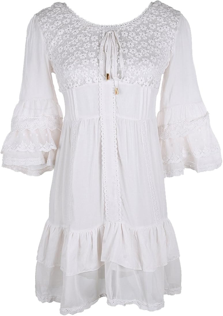 Anna-Kaci Womens Boho Peasant Floral Lace Ruffle Hem Bell Sleeve Mini Dress | Amazon (US)