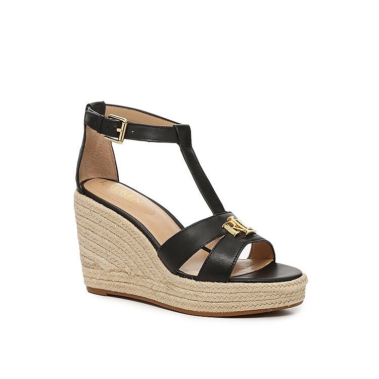 Lauren Ralph Lauren Hale Espadrille Wedge Sandal | Women's | Black Leather | Size 8 | Sandals | Plat | DSW