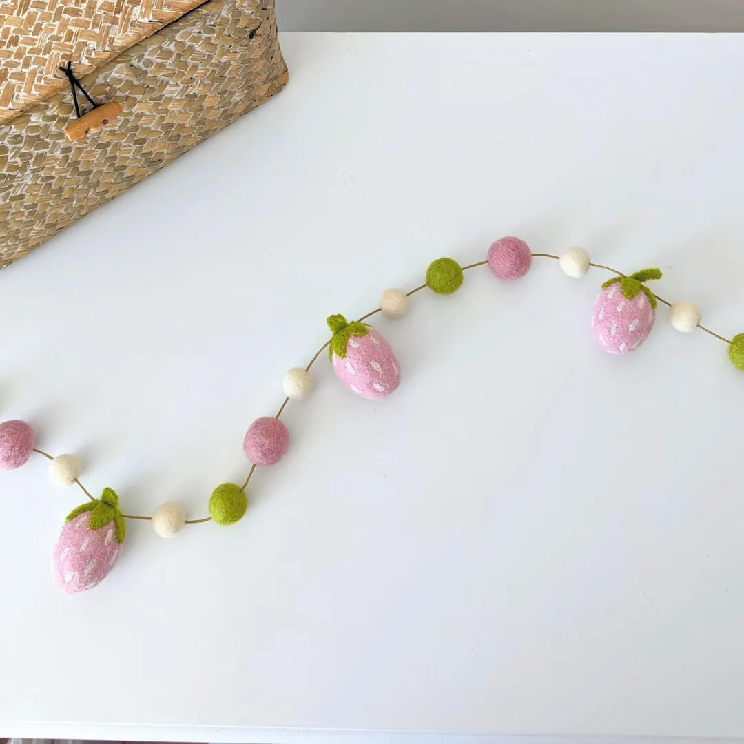 Felt Pink Strawberry Garland Decoration, Needle Art Ball Cotton Bunting, Fruit Plant Nature Home ... | Etsy (US)