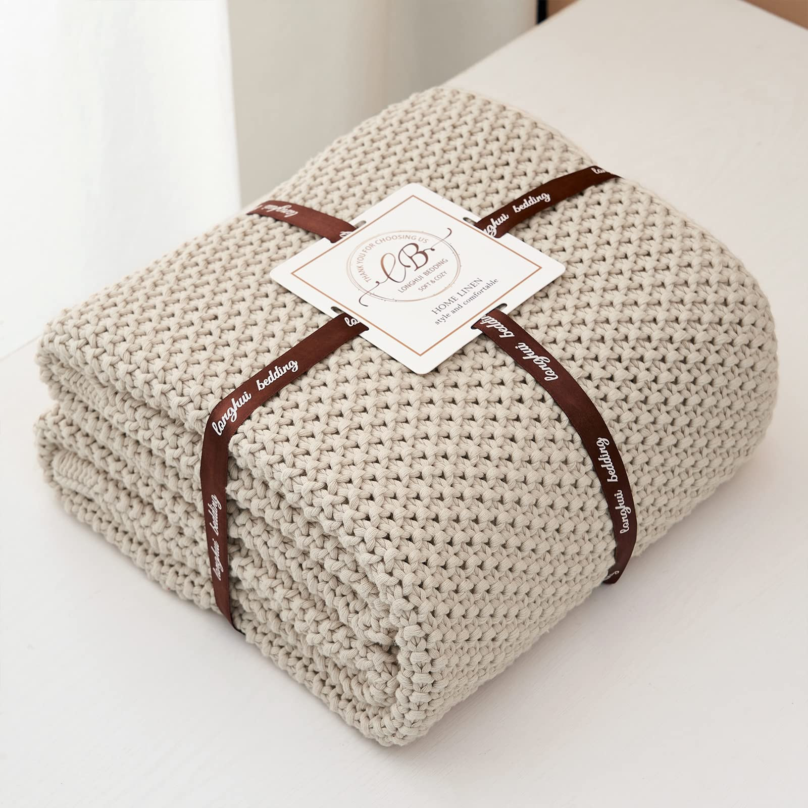 Chunky Cable Knit Throw Blanket Lightweight Beige 100% Organic Cotton Blanket for Sofa Couch Bed ... | Amazon (US)