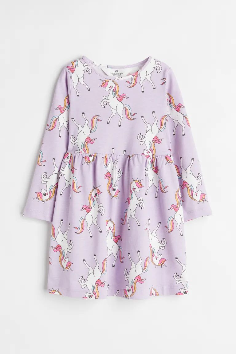 Dress in soft cotton jersey with a printed pattern. Round neckline, long sleeves, and gathered se... | H&M (US)