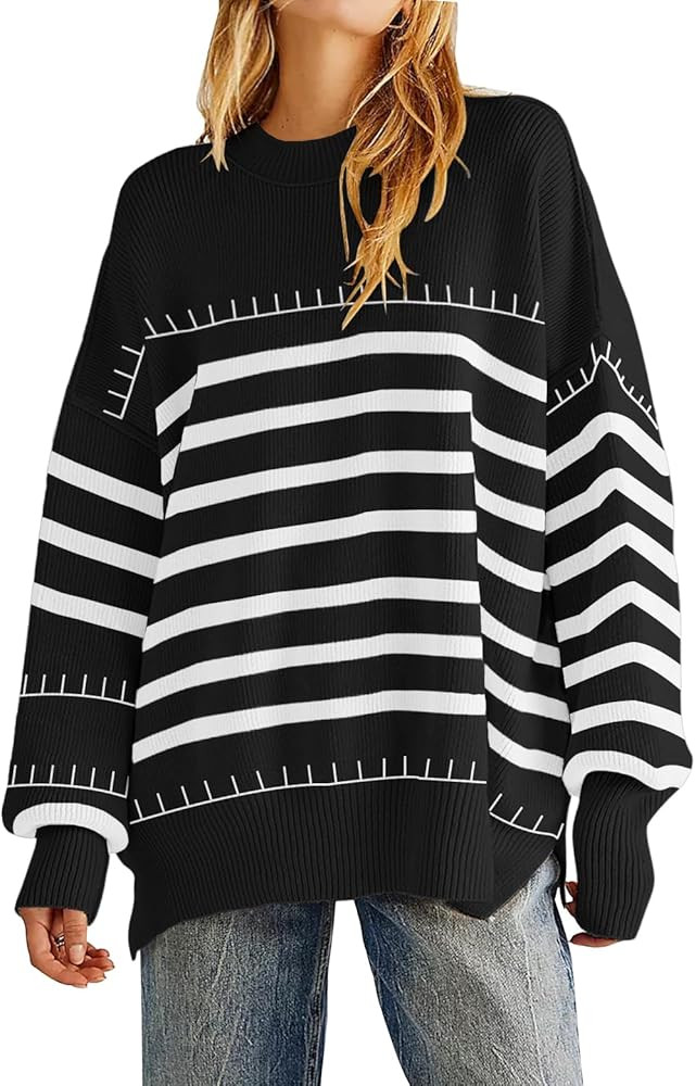 Women's Oversized Crewneck Sweaters Batwing Long Sleeve Side Slit Ribbed Knit Pullover Sweater To... | Amazon (US)
