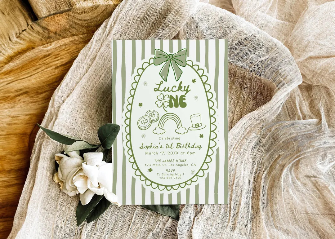 Lucky One Birthday Party Invitation Template, Green Bow Hand Drawn 1st Birthday Invite, St. Patri... | Etsy (US)