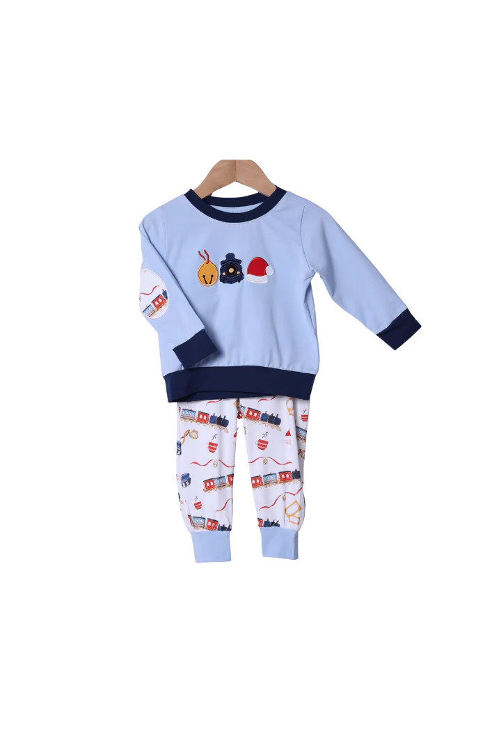 Applique Christmas Train Jogger Set | The Smocked Flamingo