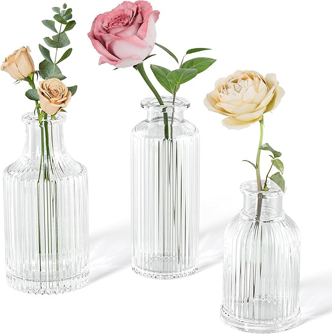 Glass Bud Vase Set of 3, Small Ribbed Flower Vases for Centerpieces, Clear Vintage Glass Bud Vase... | Amazon (US)