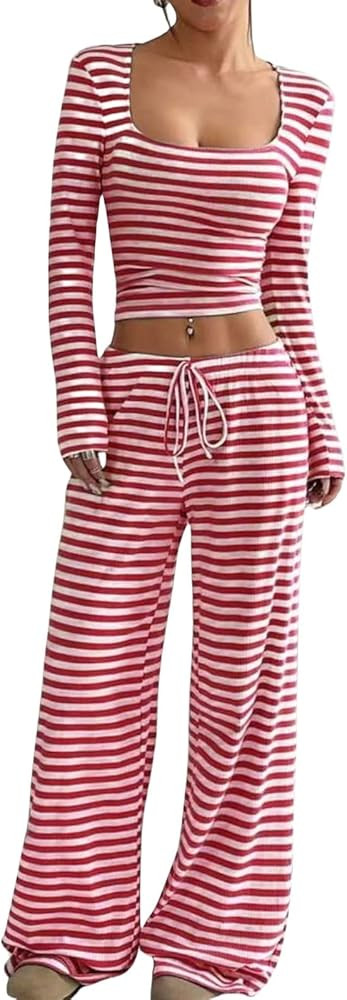 Womens Striped 2 Piece Sets Square Neck Top Cropped Tunic Wide Leg Pants Casual Lounge Sweatsuits... | Amazon (US)