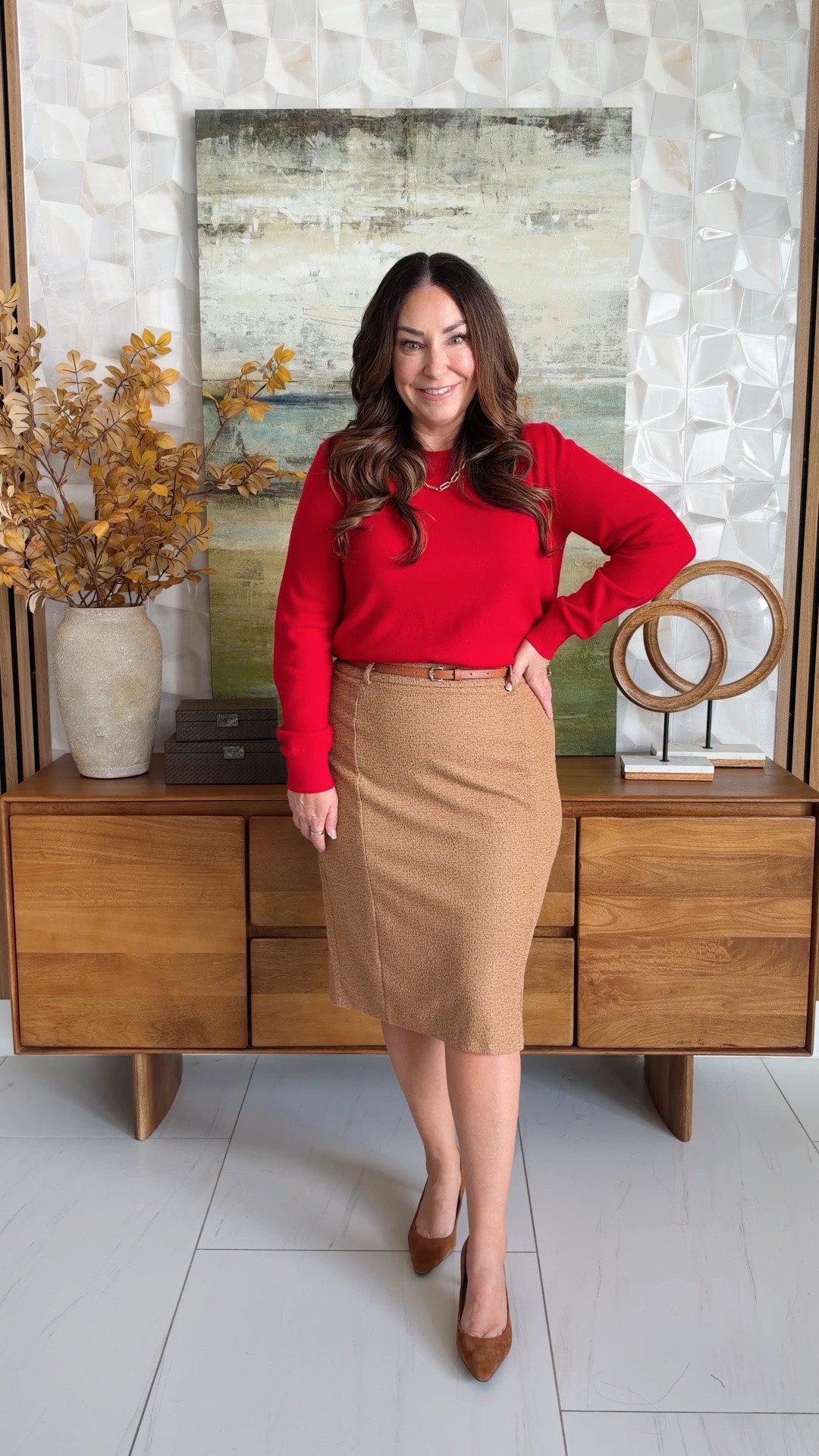 Elevate your wardrobe with this chic cashmere/ wool blend red sweater. Pair it with a stretchy pencil skirt for a polished look. Sizing: Sweater tts, L | skirt size up if in-between, XL #fallfashion #workwear #gracekarin #amazonfashion