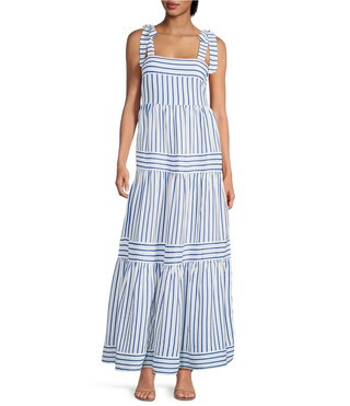 Stripe Print Square Neck Tie Strap Tiered A-Line Flounce Maxi Dress | Dillard's