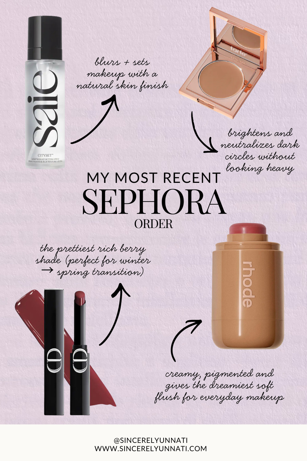 My most recent Sephora order and every single product is already on repeat 🤍

• Rouge Dior On Stage Lipstick in Berry Attitude – the prettiest rich berry shade (perfect for winter → spring transition)
• Tarte CC Full Coverage Undereye Color Corrector (Medium Tan Peach) – brightens and neutralizes dark circles without looking heavy
• Saie CitySet™ Ultra-Fine Mist Setting Spray (travel size) – blurs + sets makeup with a natural skin finish
• Rhode Pocket Blush in Sleepy Girl – the dreamiest soft flush for everyday makeup

Such a good mix of luxury beauty + everyday essentials.

#sephorahaul #makeupfavorites #everydaymakeup #beautyfinds #cleanbeauty 

 #LTKgrwm #LTKmorningroutine #LTKselfcare
