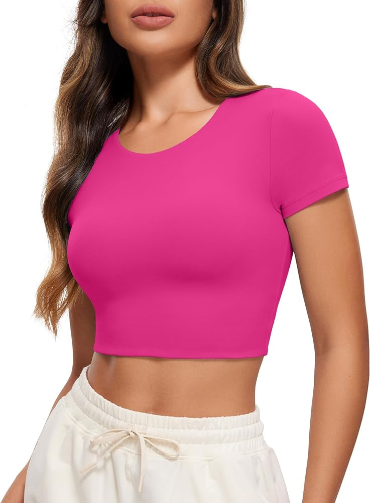 CRZ YOGA Womens Butterluxe Double Lined Short Sleeve Crop Tops Crew Neck Casual Workout T-Shirt C... | Amazon (US)