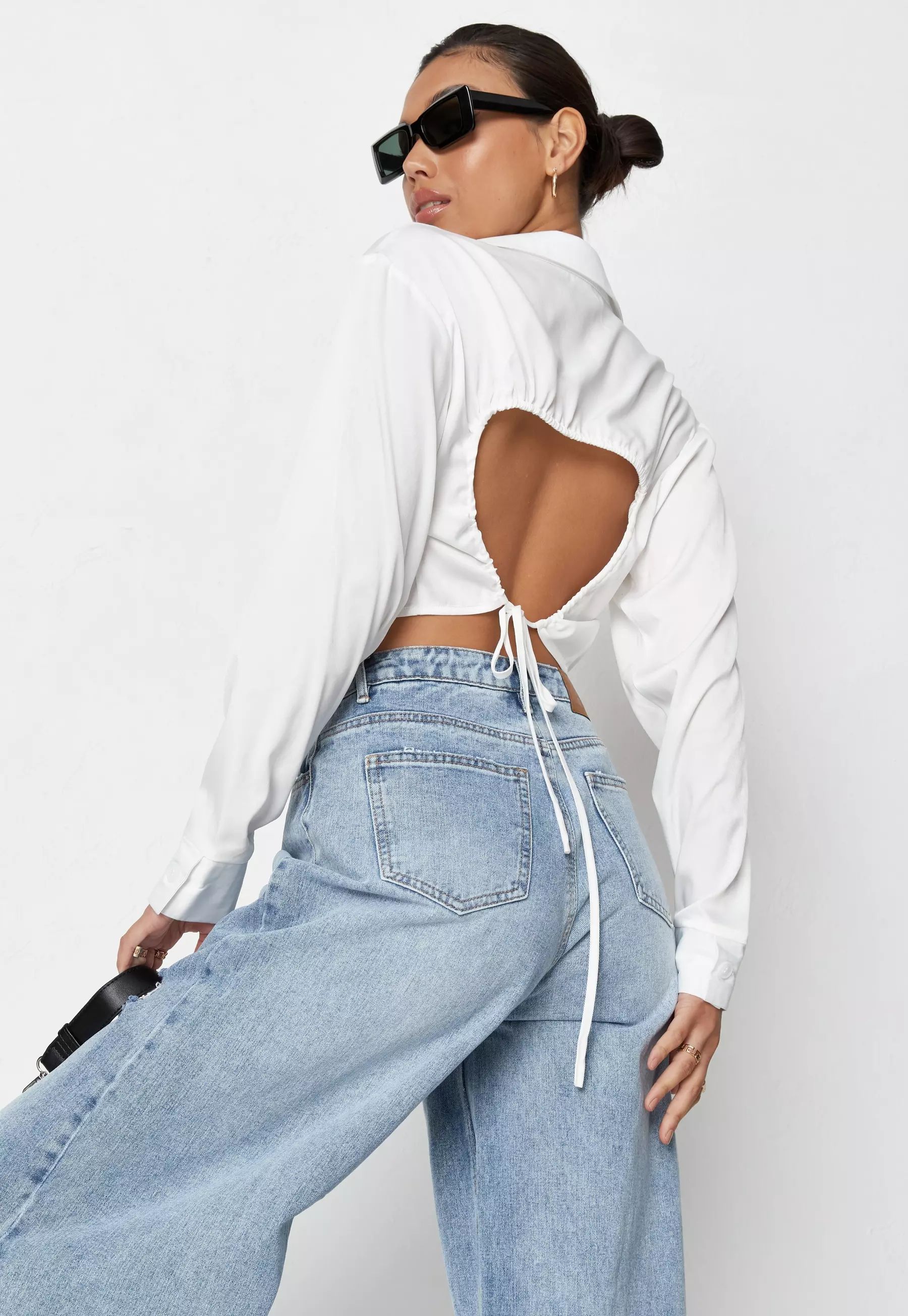 Missguided - White Satin Button Front Open Back Cropped Shirt | Missguided (US & CA)
