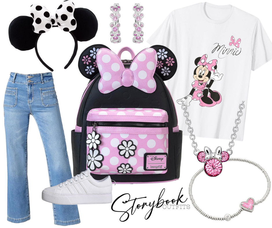 This Minnie-inspired look is perfect for a magical day at the parks! Featuring a classic white Minnie graphic tee paired with light-wash jeans for an effortless, comfortable vibe. The pink and black Minnie Loungefly backpack adds the perfect pop of Disney charm, while the polka-dot Minnie ears complete the look. Finished with comfy white sneakers and sparkly Minnie jewelry for just the right touch of glam — cute, casual, and park-ready all day long! 

 