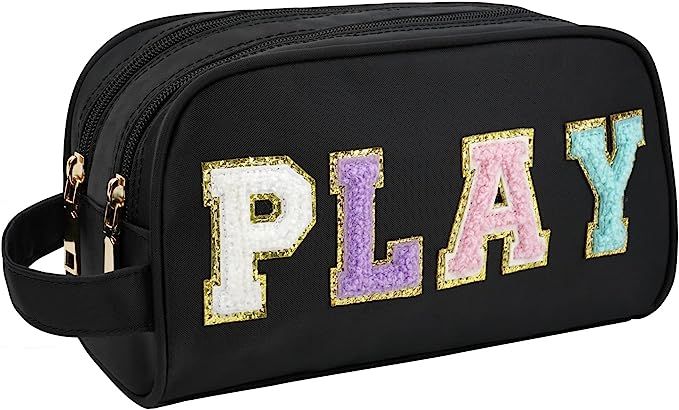 KOGTLA Preppy Makeup Pouch Bag with Strap,Travel Nylon Cosmetic Bag with Chenille Letter Patch fo... | Amazon (US)