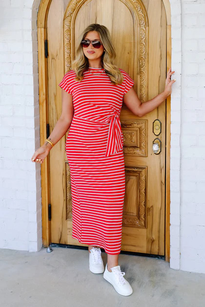 Free To Be Red Striped Short Sleeve Midi Dress | The Willow Tree