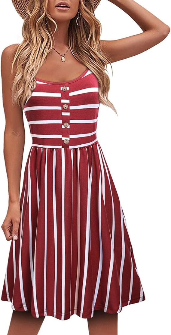 MOQIVGI Womens Spaghetti Strap Button Detail Pleated Summer Casual Stripe Dresses | Amazon (US)
