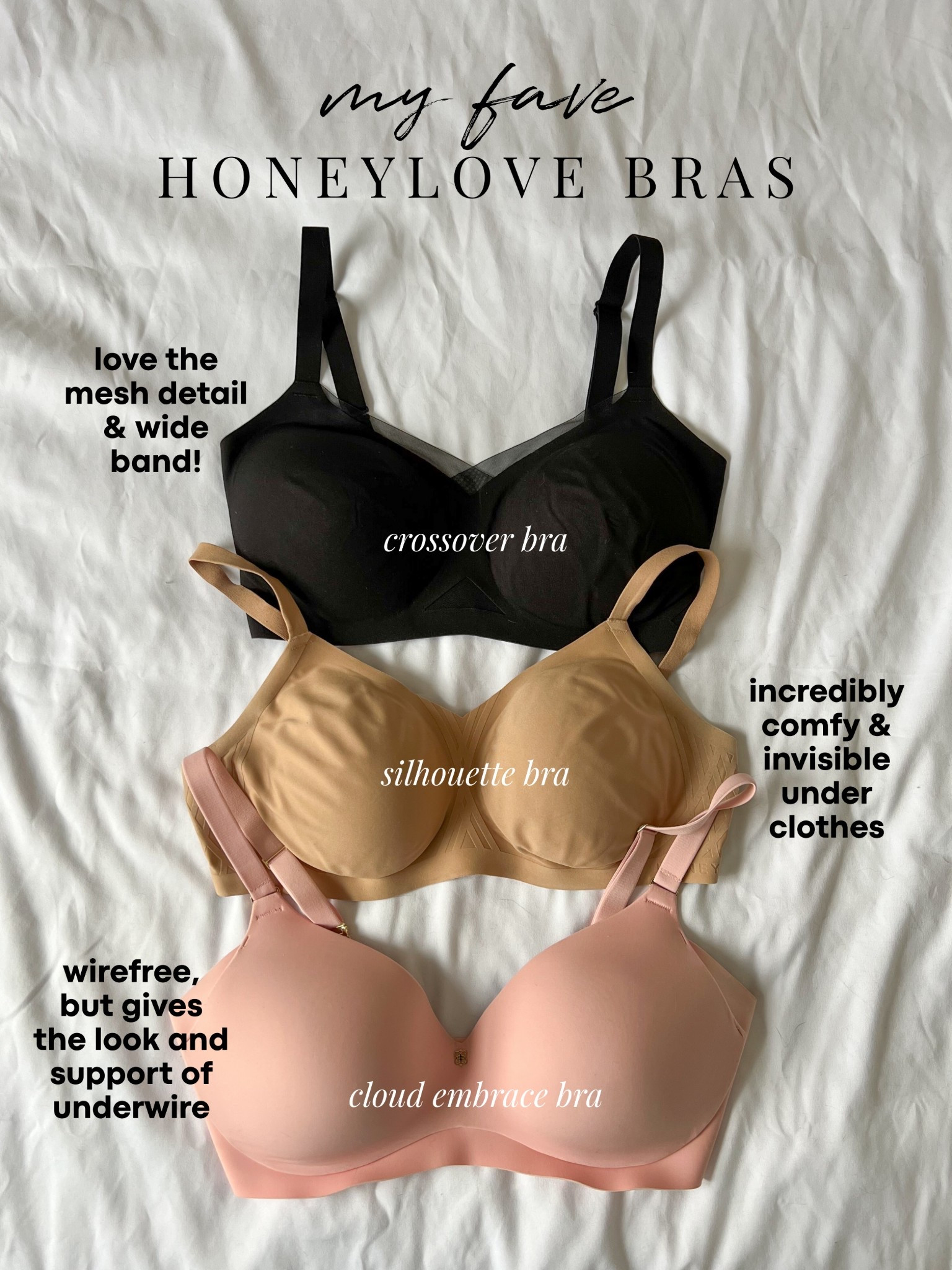 My fave wire free bras from Honeylove! The top two have soft cups and are incredibly comfortable. Bottom one gives an underwire look while still moving with you. I wear my usual size 34DD in all!


#LTKmidsize #LTKstyletip