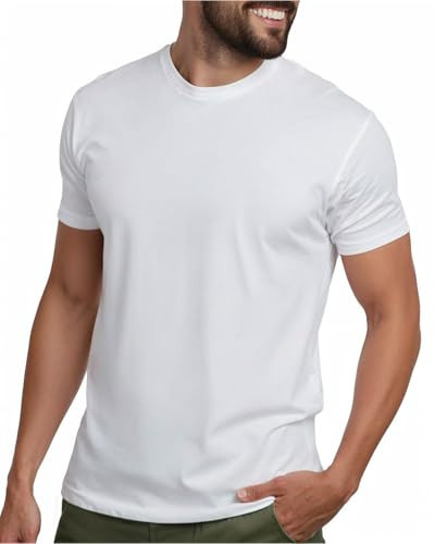 INTO THE AM Premium Men's Fitted Crewneck Essential Blank Tees - Casual Fitted Gym Fresh Classic Short Sleeve Plain Fashion Undershirts Tshirts for Guys (White, Large) | Amazon (US)