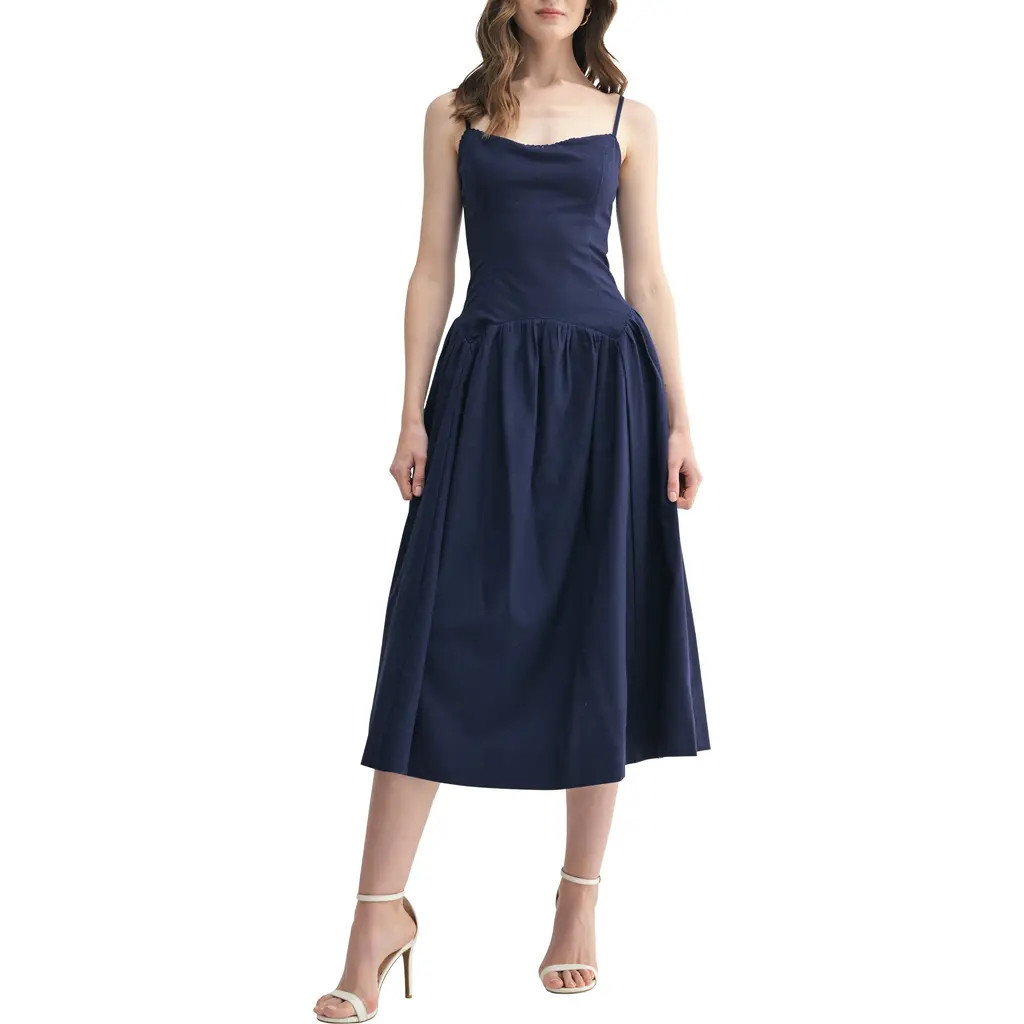 All in Favor Drop Waist Cotton & Linen Midi Dress in Navy at Nordstrom, Size Medium | Nordstrom
