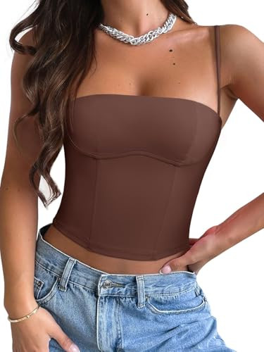 REORIA Womens Sexy Corset Crop Going Out Top Sleeveless Backless Y2K Square Neck Adjustable Straps Cami Tank Bustier Tops Trendy Summer 2025 Brown Large | Amazon (US)