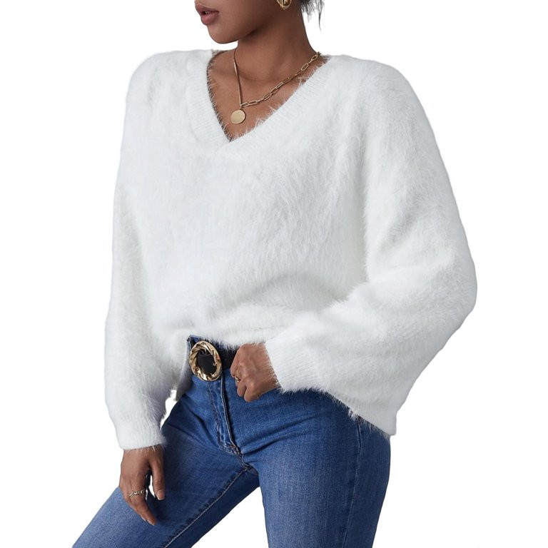 Womens Sweaters Casual Plain V neck Pullovers White M - Walmart.com | Walmart (US)