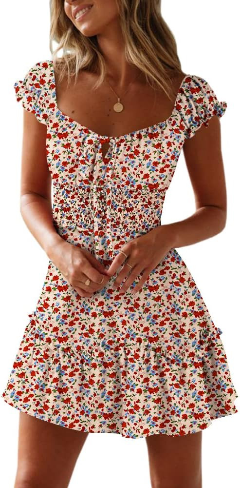 YOBECHO Women's Summer Ruffle Sleeve Sweetheart Neckline Printing Dress Mini Dress | Amazon (US)