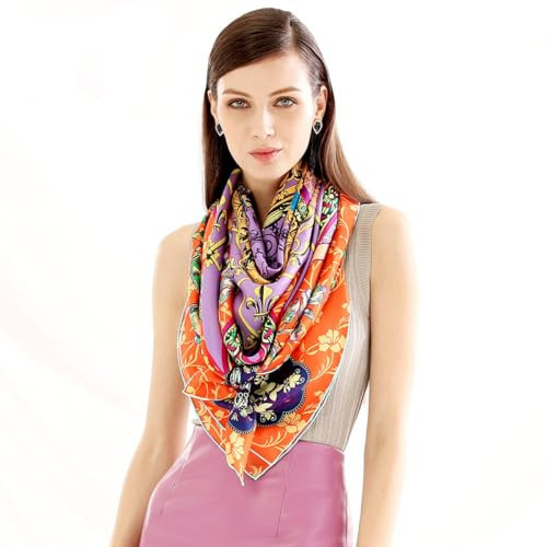 Grace Scarves 100% Silk Double-Sided Scarf With Hand Rolled Edges, XX-Large, Jeweled Kaleidoscope, Orange/Purple | Amazon (US)