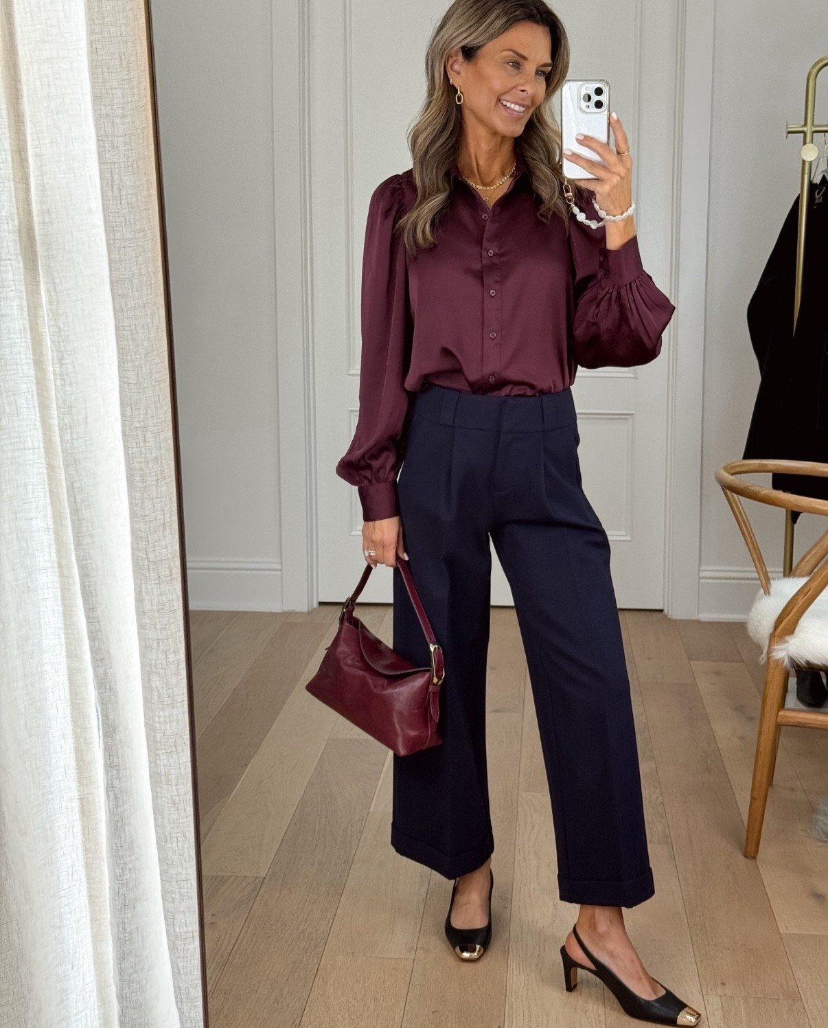 -Ann Taylor Blouse. Beautiful! 
-Classic Six pants that have impeccable quality! Discount code Tammy10
-burgundy bag
-Heels TTS 

#LTKStyleTip #LTKOver40 #LTKHoliday