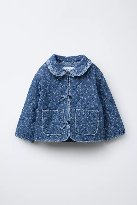 Jacket with Peter Pan collar, ruffle appliqué, and long sleeves. Front button closure and tie ap... | Zara US