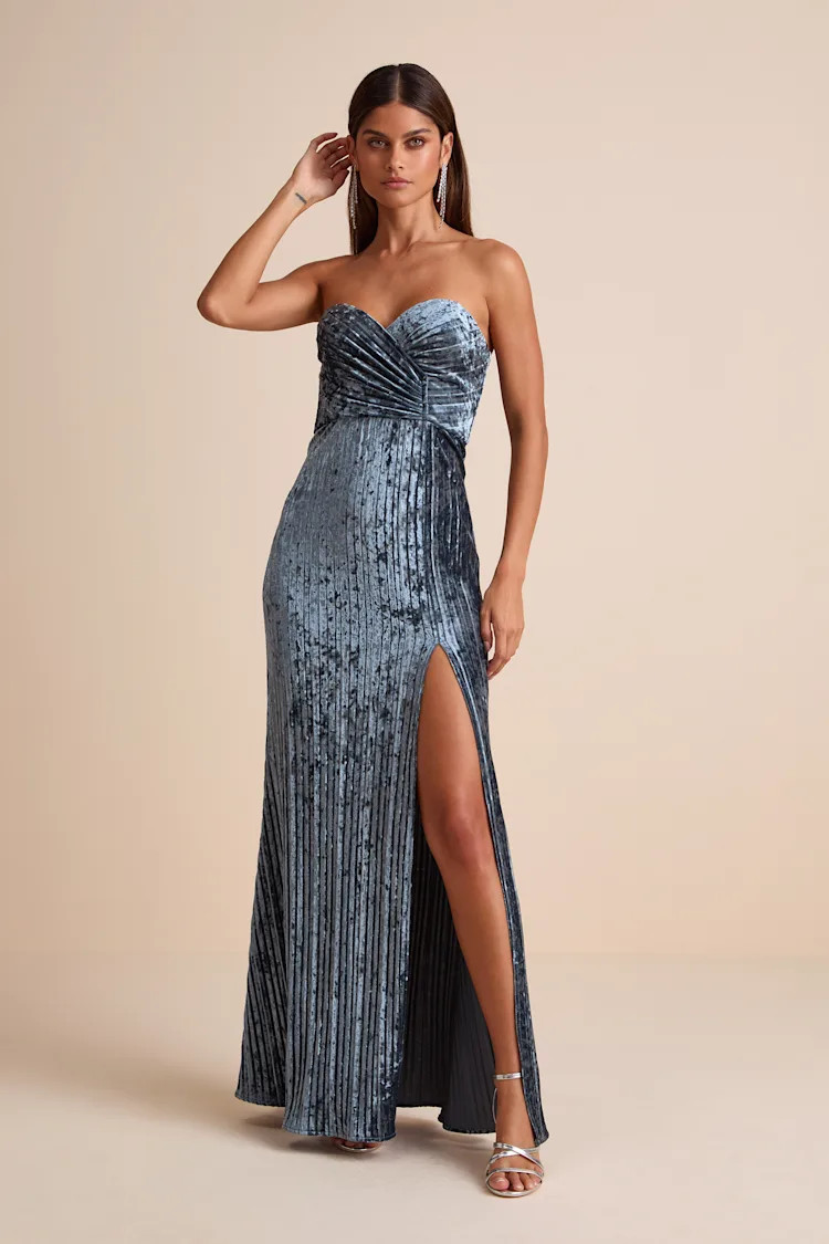 Classy Sensation Slate Velvet Pleated Strapless Maxi Dress | Lulus