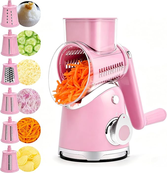 SUSTEAS Rotary Cheese Grater with Handle,Vegetable Slicer with 6 Interchangeable Blades, Reinforced Suction,Easy to Clean,Kitchen Shredder for Crushed Ice,Fruits and Nuts with Blade Storage Case,Pink | Amazon (US)