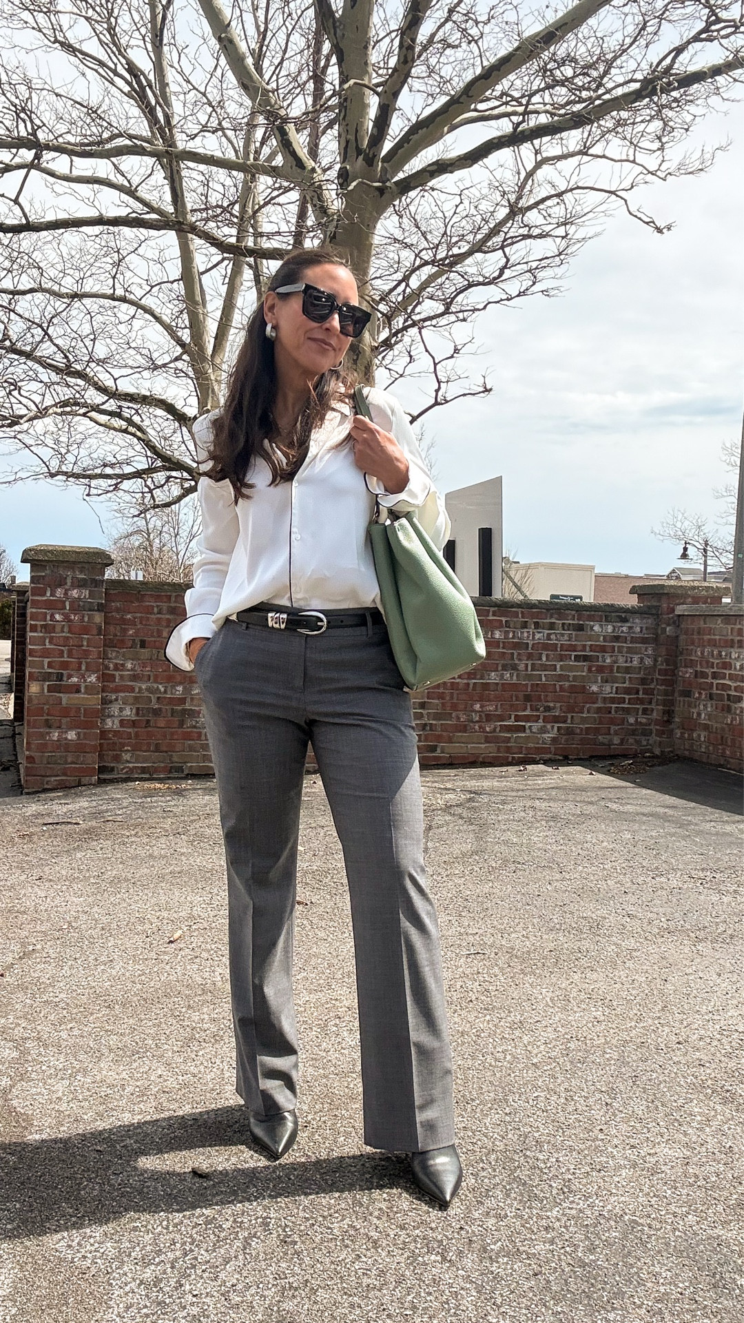 Classic gray trousers with off white satin blouse. Added a little spring bag bc needed it for my work items. 

Work
Wear to work
Elevated casual


#LTKdayinmylife #LTKSeasonal #LTKOver40