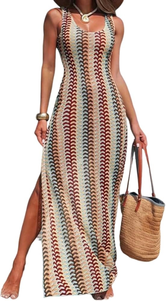 Womens Casual Classy Knit U-Neck Sleeveless Boho Long Tank Dress Basic Split Maxi Sundress for Be... | Amazon (US)