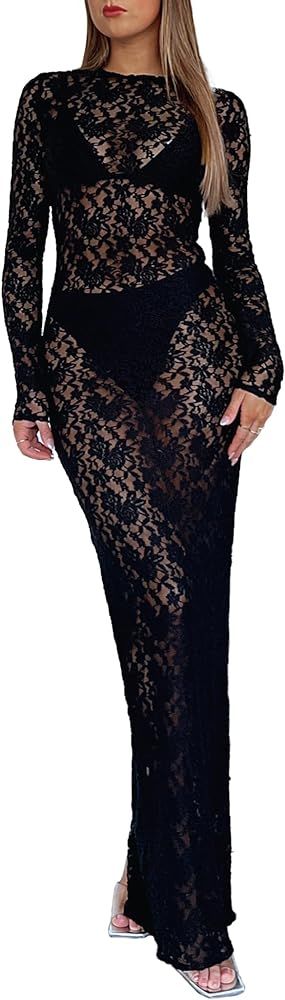 Women’s Cocktail Dress Sexy Lace Hollow Out Transparent Sleeveless Spaghetti Straps Slim Fit Ma... | Amazon (US)