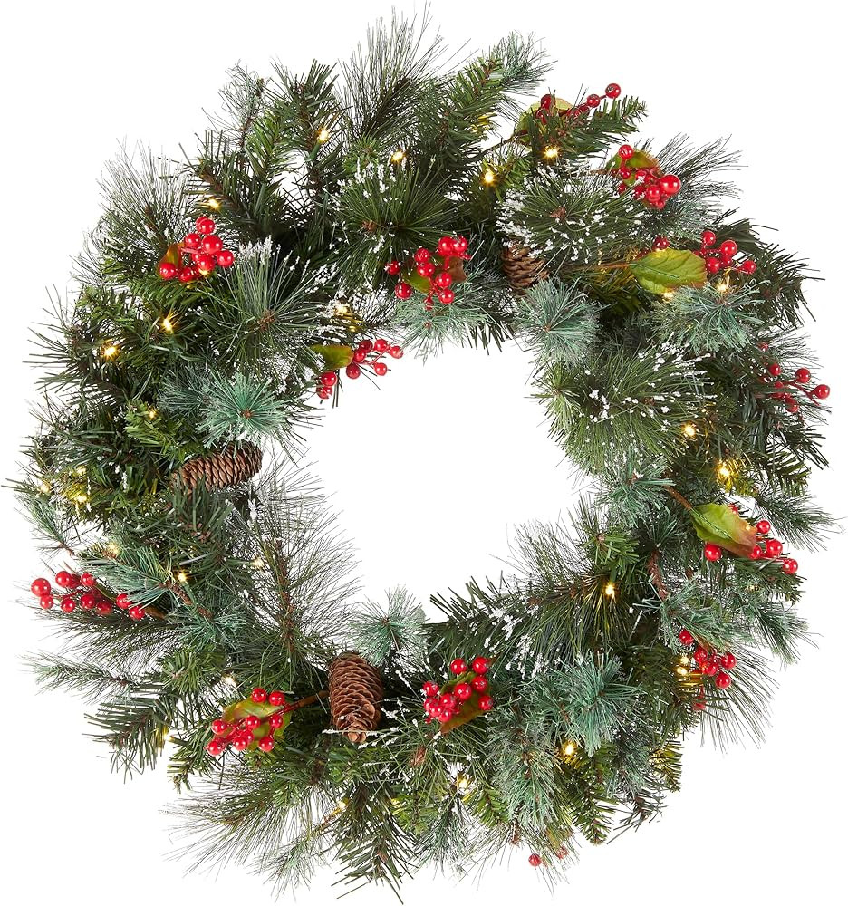 Amazon.com: National Tree Company Pre-Lit Artificial Christmas Wreath, Green, Wintry Pine, White ... | Amazon (US)