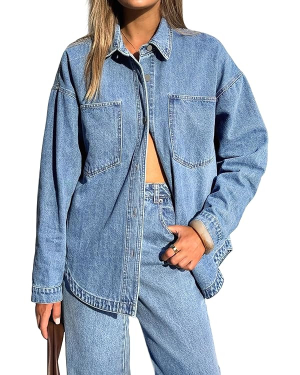 EMMIOL Women Denim Shirts Oversized Long Sleeve Button Down Blouse Distresse Jean Jacket Fall Out... | Amazon (US)