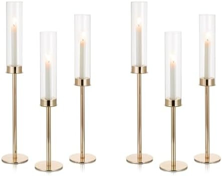 NUPTIO Hurricane Glass Candle Holders: Set of 6 Tall Gold Metal Candlestick Holder with Chimney T... | Amazon (US)