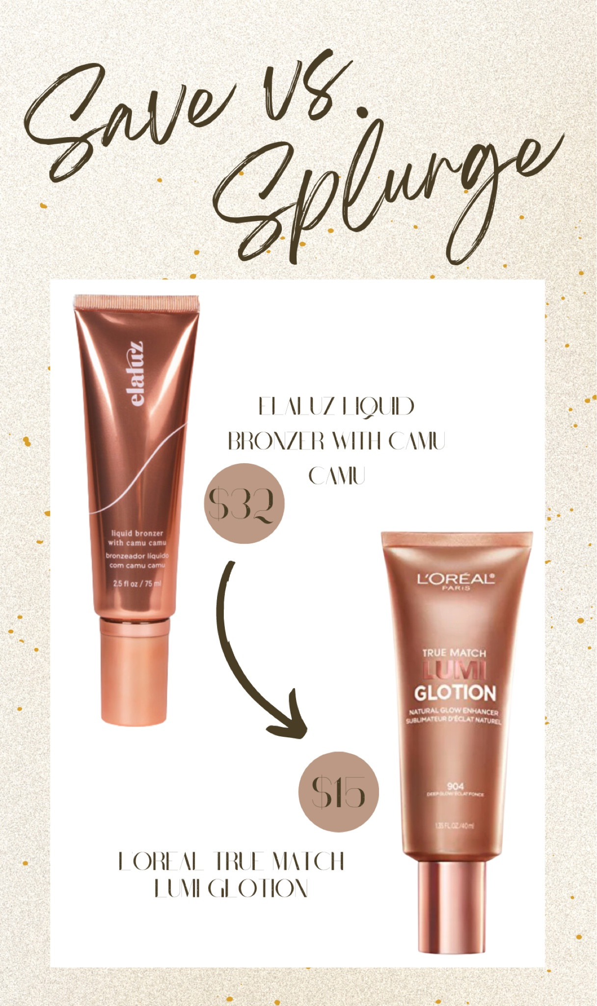 Save vs Splurge The PERFECT Elaluz Liquid Bronzer with Camu Camu Dupe -> L’Oreal True Match Lumi Glotion Natural Glow Enhancer

cosmetics, makeup, beauty, L’Oreal, dupe, Ulta, Amazon, Walmart, target, save, highlighter, body

#LTKFind #LTKbeauty #LTKsalealert