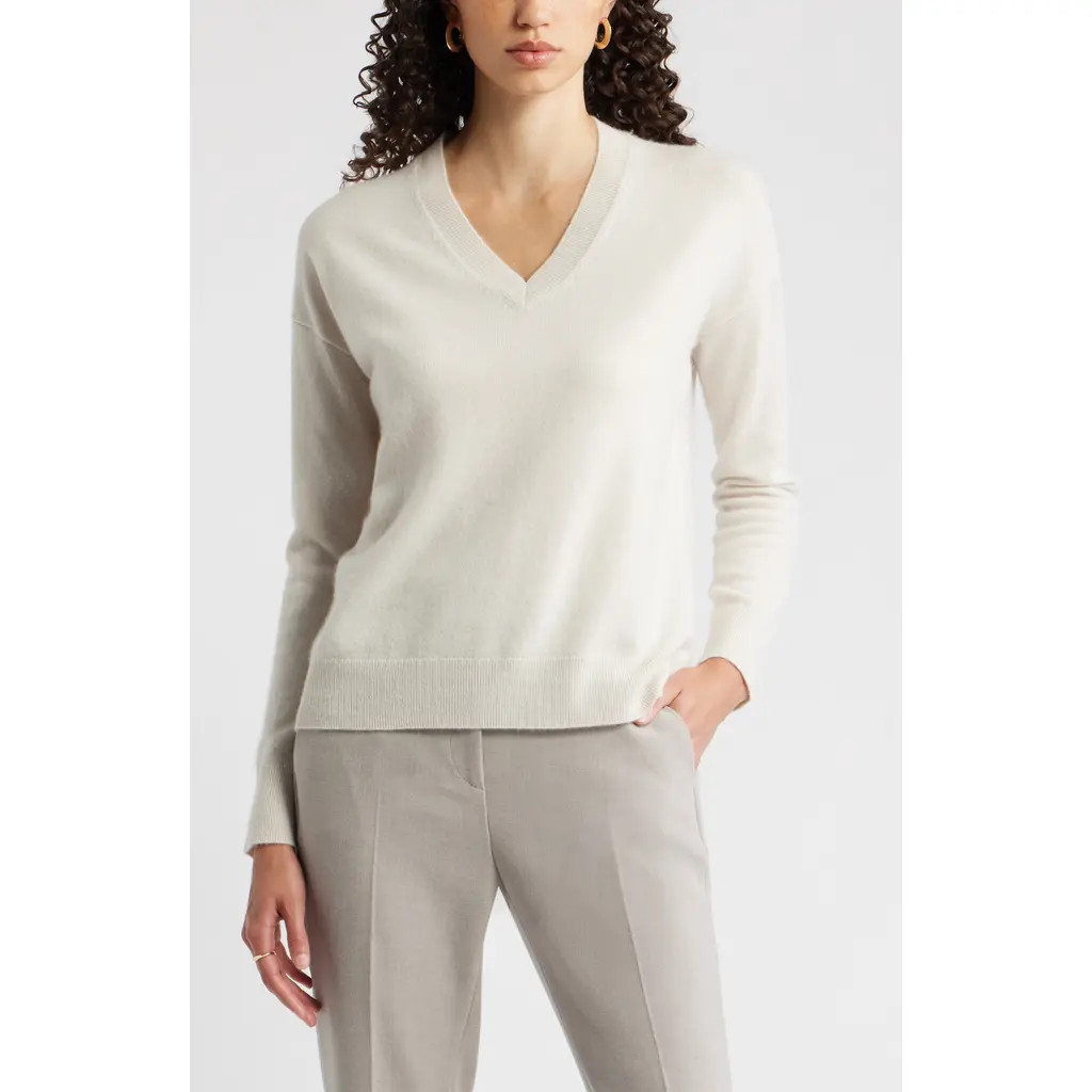 Nordstrom V-Neck Cashmere Sweater in Ivory Sand at Nordstrom, Size Small | Nordstrom