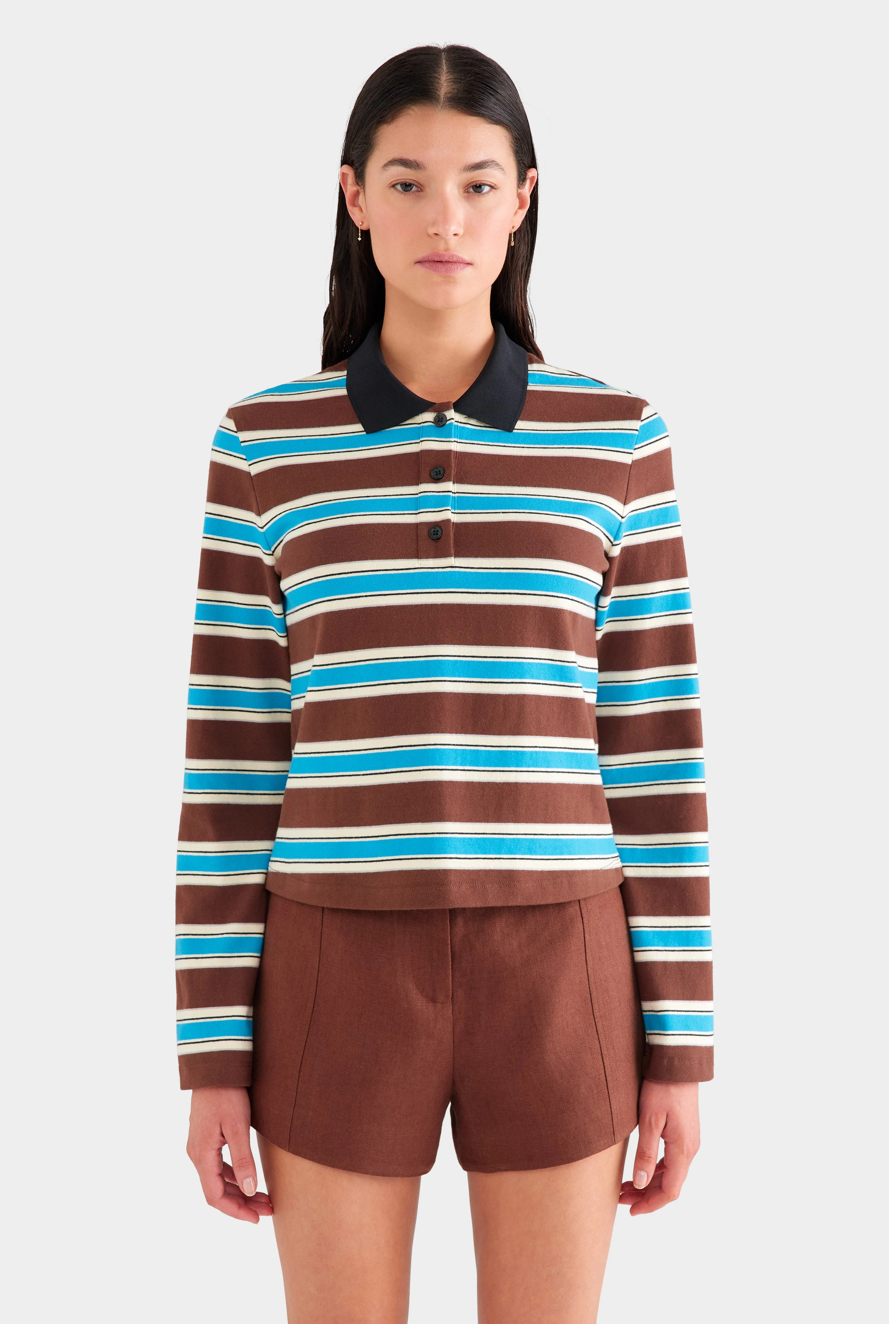 Womens Striped LS Jersey Polo in Chocolate/Blue Stripe | Venroy | Venroy AU