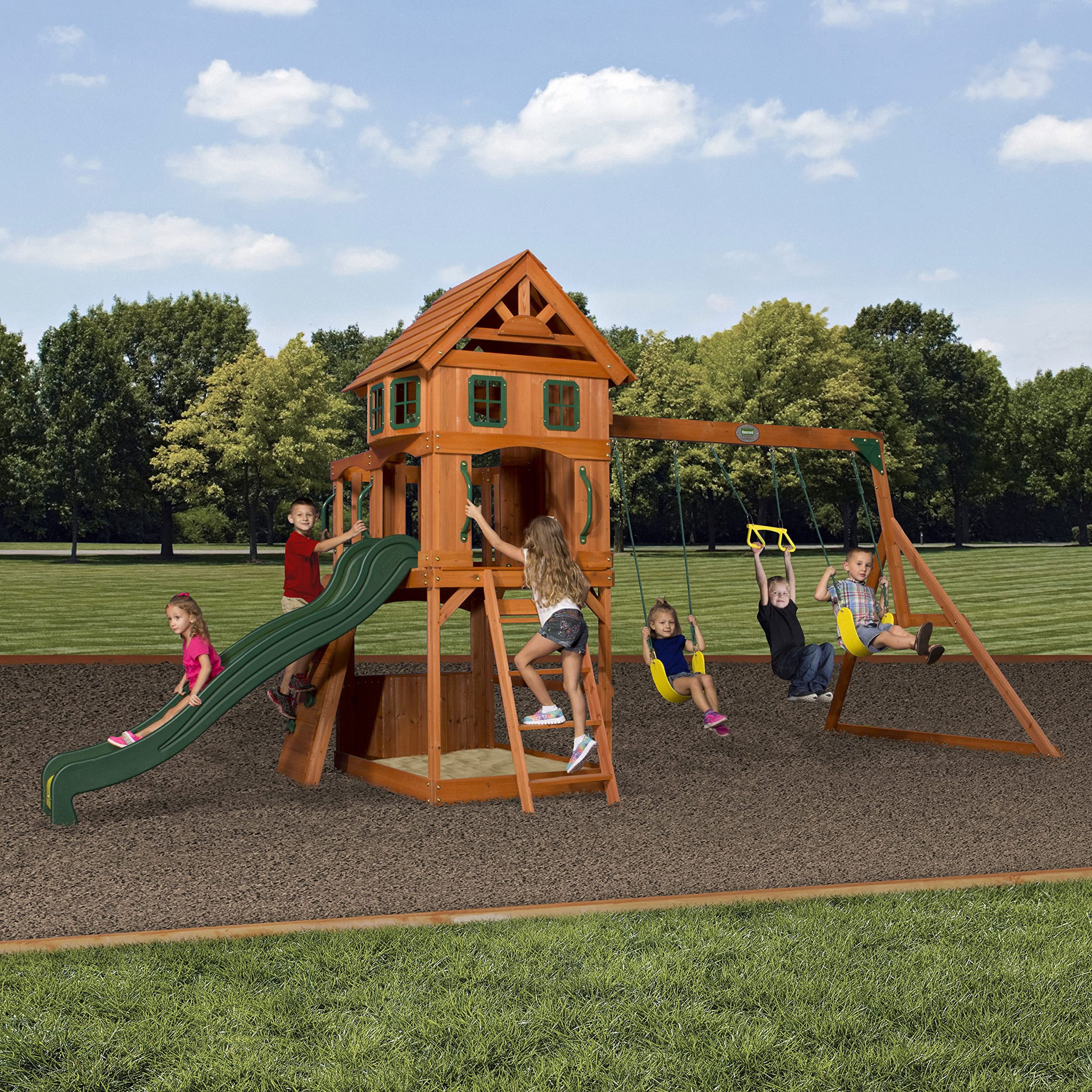 Backyard Discovery Atlantis Cedar Wood Swing Set with Wave Slide, Raised Clubhouse, Rock Wall, Be... | Amazon (US)